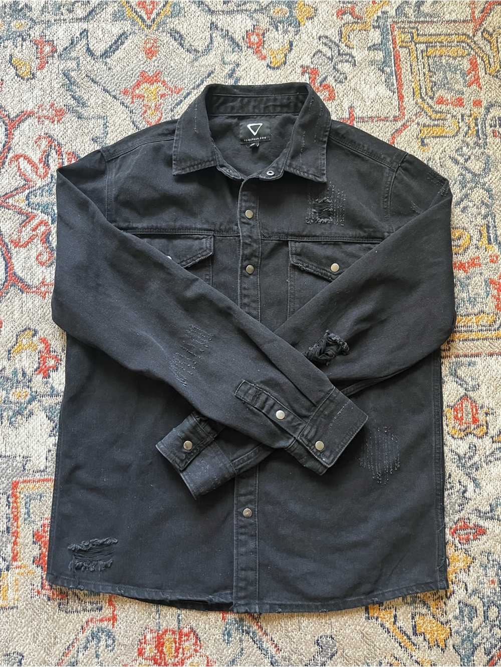 Trio Urban Women’s Black Denim Jacket Distressed Size L Frida Kahlo